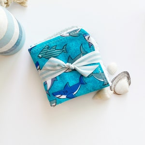 Baby to toddler wash cloths in sharks and ocean themed in blue cotton and coordinating color terry cloth,  10&quot; set of 3, monogram option