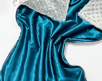 Personalize Satin and minky 40” x 60” large sensory Blanket WITHOUT ribbon tags for girl or boy, baby or toddler, choose colors