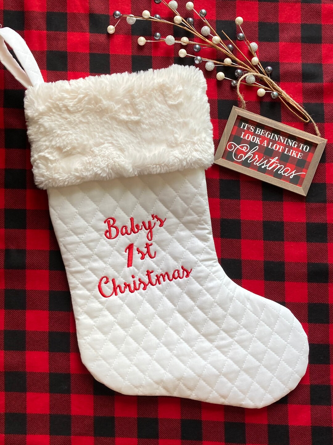 Babys First Christmas Stocking Personalize Lined Boy or Girl Newborn