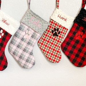 Pet Christmas stocking with embroidered paw, personalize for dog or cat in  buffalo plaid with minky cuff, fully lined 18” flannel plaid