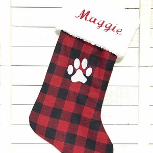 Pet Christmas stocking | personalize | dog cat | buffalo plaid | white sherpa cuff | fully lined | embroidered paw | flannel | 18&quot; | plaid