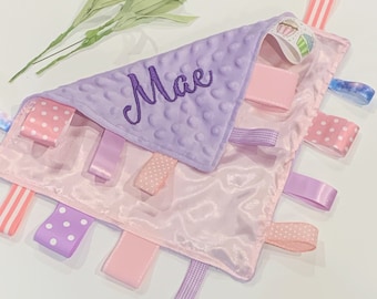 Satin and minky sensory Blanket lovey with ribbon tag, personalized sensory toy for baby girl or boy shower gift,  12" size, choose colors