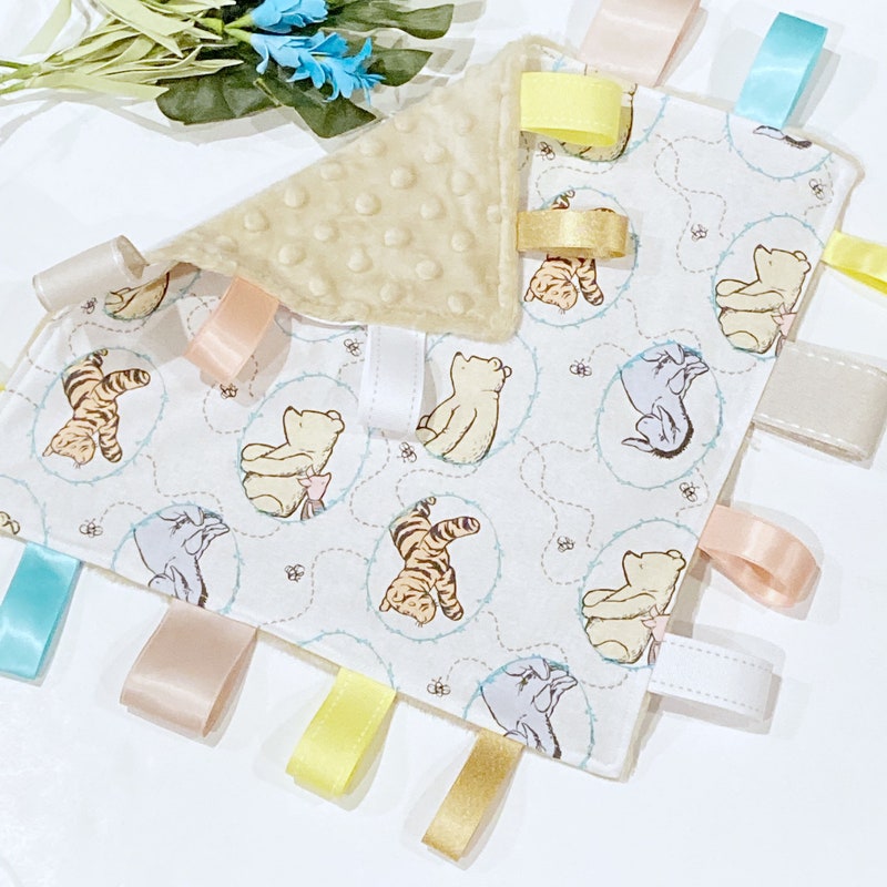 Sensory tag Blanket lovey made from classic Winnie the Pooh fabric, personalized toy in Cotton and minky for baby shower, add crinkle option