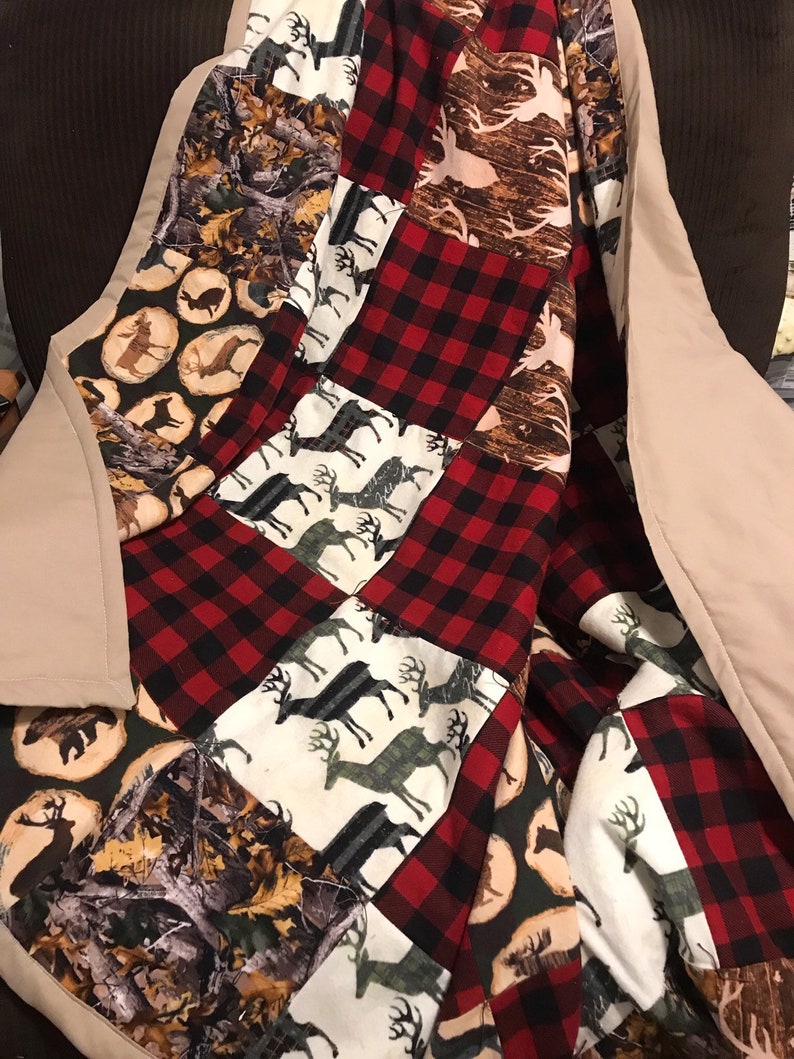 twin size ~ patchwork ~ cotton batting ~ made to order Hunter theme Adult size flannel Blanket quilt ~ Cotton flannel ~ approx 56 x 72