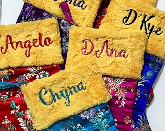 Personalized Christmas stocking for family or individual in Asian satin Chinese begonia florals with minky or fur cuff, elegant colors 18”