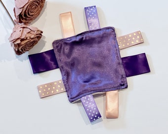 Purse or pocket 5” size Satin and minky sensory lovey with ribbon tags for comfort toy, baby shower gift for boy or girl or even adult