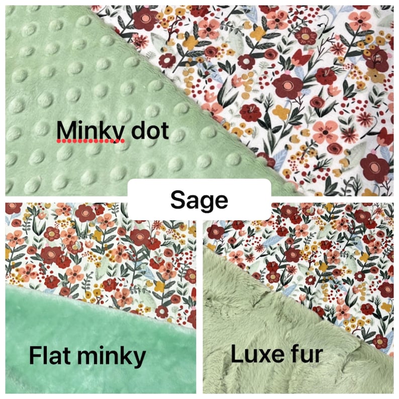 Może przedstawiać: Pr&oacute;bki kocyk&oacute;w dla dzieci w kolorze szałwii z r&oacute;żnymi fakturami i kwiatowymi wzorami. Obraz przedstawia faktury minky dot, flat minky i luxe fur. Kwiatowy wz&oacute;r przedstawia czerwone, białe i ż&oacute;łte kwiaty na białym tle. Wyświetlane jest r&oacute;wnież słowo "Sage".