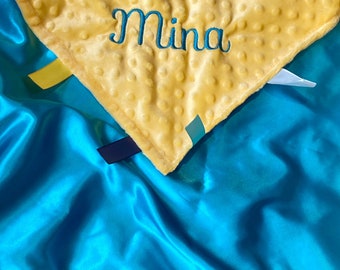 Personalize Satin and minky 30” x 40” large sensory Blanket with ribbon tags for girl or boy, baby or toddler, choose colors