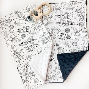 Space Baby burp cloth set of 2, black and white monochromatic flannel rockets planets stars with minky back, can personalize, shower gift