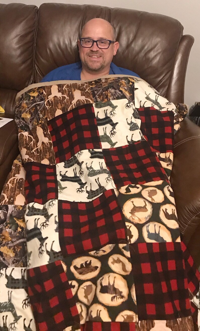 twin size ~ patchwork ~ cotton batting ~ made to order Hunter theme Adult size flannel Blanket quilt ~ Cotton flannel ~ approx 56 x 72