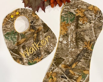 Camouflage hunting Baby toddler Bib & contour burp cloth set made in brown camo cotton print with minky back, personalized baby shower gift