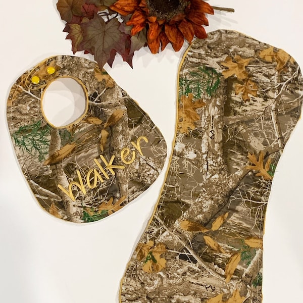 Camouflage hunting Baby toddler Bib & contour burp cloth set made in brown camo cotton print with minky back, personalized baby shower gift