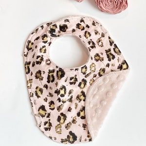 Baby fashion toddler Bib rose gold leopard, exotic animal Cotton print and blush pink minky Dot, baby girl shower gift, adjustable snaps