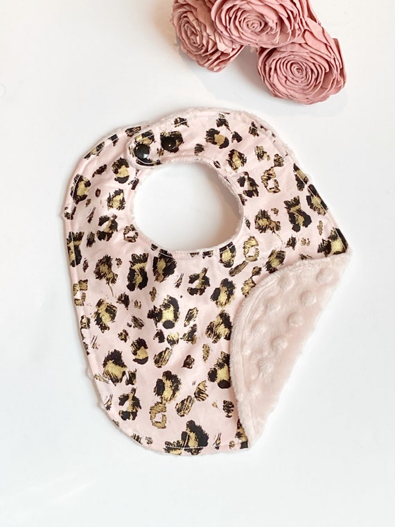 Baby fashion toddler Bib rose gold leopard, exotic animal Cotton print and blush pink minky Dot, baby girl shower gift, adjustable snaps