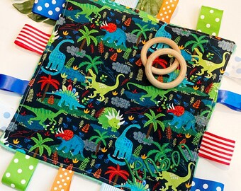 Dinosaur crinkle Blanket lovey cotton fabric toy ~ can personalize ~ sensory blanket lovey ~ Cotton minky ~ baby shower gift ~ 12"