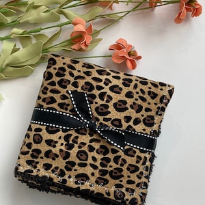 Personalize make up removal wash cloths in leopard cotton print with terry cloth back, mom gift set of 3, special gift withmonogram option