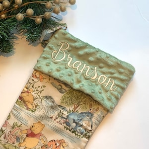 Personalized Christmas stocking for baby child or adult made from Winnie the Pooh fabric and fully  lined, Cotton and Minky or fur cuff 18”