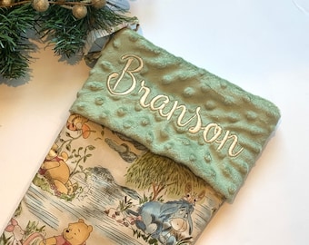 Personalized Christmas stocking for baby child or adult made from Winnie the Pooh fabric and fully  lined, Cotton and Minky or fur cuff 18”