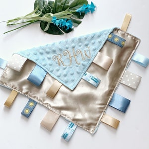Satin and minky sensory lovey in khaki and blue with ribbon tags, personalize toy, baby child elderly gift, for boy or girl, 12&quot; more colors