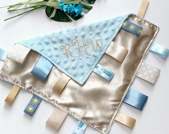 Satin and minky sensory lovey in khaki and blue with ribbon tags, personalize toy, baby child elderly gift, for boy or girl, 12&quot; more colors