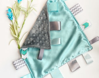 Satin and minky sensory Blanket lovey ~ ribbon tag ~ personalize sensory toy ~ baby shower gift ~ baby boy girl lovey - 12&quot; - choose colors
