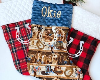 Horse Pony Christmas stocking choose horse print, Buffalo or red plaid, personalized stocking fully lined, embroidered horseshoe, 18”