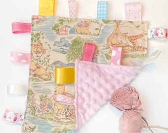 Lovey size blanket baby girl or boy from Winnie the Pooh Day in the Park can personalize, sensory toy cotton minky, baby shower, add crinkle