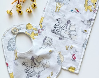 Baby toddler Bib & burp cloth made from Winnie the Pooh fabric |for girl or boy in Cotton and Minky, baby shower gift for infant to toddler