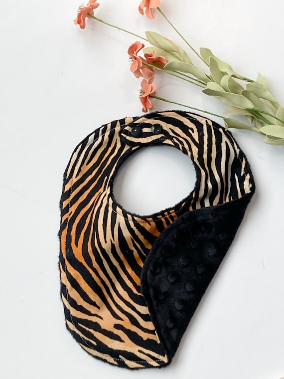 Baby fashion jungle tiger toddler bib, exotic animal Cotton print and black minky Dot, baby girl or boy shower gift, adjustable snaps
