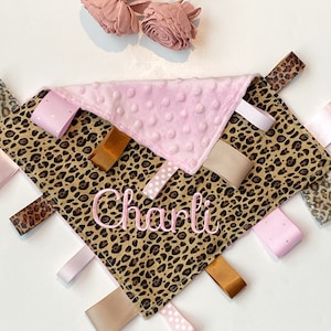 Cheetah leopard Sensory Blanket lovey, ribbon tag toy, can personalize, Cotton minky baby shower gift, add crinkle