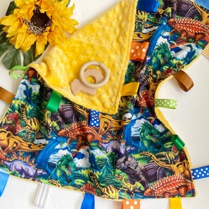 Personalized Dinosaur tag lovey, sensory toy for play or comfort, 17” x 19” security blanket lovey in cotton and minky, baby shower gift