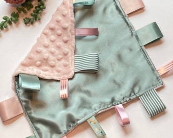 Satin and minky sensory lovey with ribbon tags and personalize option for baby shower gift for boy girl or adult 12" calming, choose colors