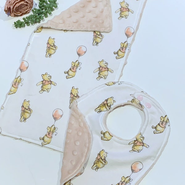 Baby toddler Bib & burp cloth made from flannel Winnie the Pooh fabric  with blush pink Minky back, baby shower gift bundle for baby girl