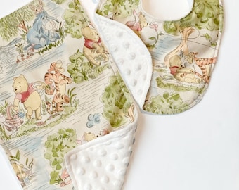 Baby toddler Bib & burp cloth bunny ear teether made from tan Winnie the Pooh fabric gender neutral Cotton and Minky baby shower gift bundle