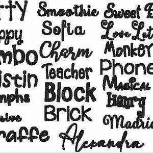 Może przedstawiać: Czarno-biały obraz z listą sł&oacute;w, w tym Dotty, Smoothie, Sweet Bird, Happy, Sofia, Love Letters, Jambo, Charm, Monkey, Kristin, Teacher, Phone, Nymphs, Block, Musical, Harry, Cursive, Brick, Madrid, Giraffe i Alexandra.