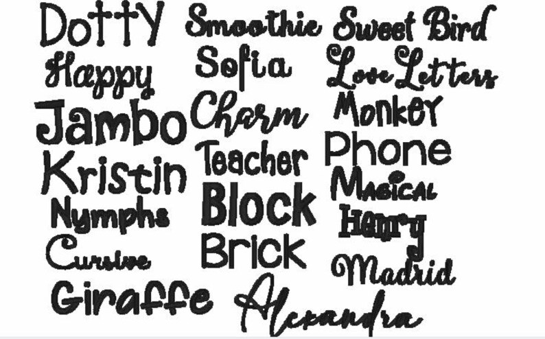 Może przedstawiać: Czarno-biały obraz z listą sł&oacute;w, w tym Dotty, Smoothie, Sweet Bird, Happy, Sofia, Love Letters, Jambo, Charm, Monkey, Kristin, Teacher, Phone, Nymphs, Block, Musical, Harry, Cursive, Brick, Madrid, Giraffe i Alexandra.