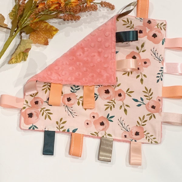 Boho floral Sensory lovey crinkle toy in coral that can be personalized,  12” blanket tag lovey in Cotton and minky for baby boy gift