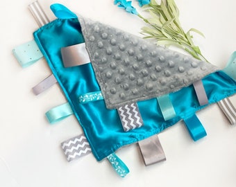 Satin and minky sensory Blanket lovey with ribbon tags and  personalize option, sensory baby shower gift boy or girl lovey 12" color choice