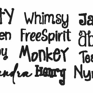 Może przedstawiać: Zbi&oacute;r czarnych sł&oacute;w w r&oacute;żnych czcionkach. Słowa to "Dotty", "Whimsy", "Jambo", "Kristen", "FreeSpirit", "abigail", "Happy", "Monkey", "Teacher", "Alexandra", "Henry" i "Nymphs".