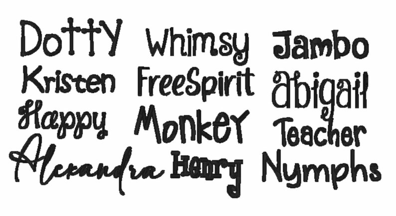 Może przedstawiać: Zbi&oacute;r czarnych sł&oacute;w w r&oacute;żnych czcionkach. Słowa to "Dotty", "Whimsy", "Jambo", "Kristen", "FreeSpirit", "abigail", "Happy", "Monkey", "Teacher", "Alexandra", "Henry" i "Nymphs".