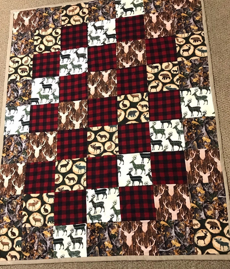 twin size ~ patchwork ~ cotton batting ~ made to order Hunter theme Adult size flannel Blanket quilt ~ Cotton flannel ~ approx 56 x 72