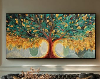 Original Abstract Tree of Life Painting, Teal & Gold Impasto Tree Oil Painting, Modern Home Art, Large Textured Canvas Art,Living Room Decor
