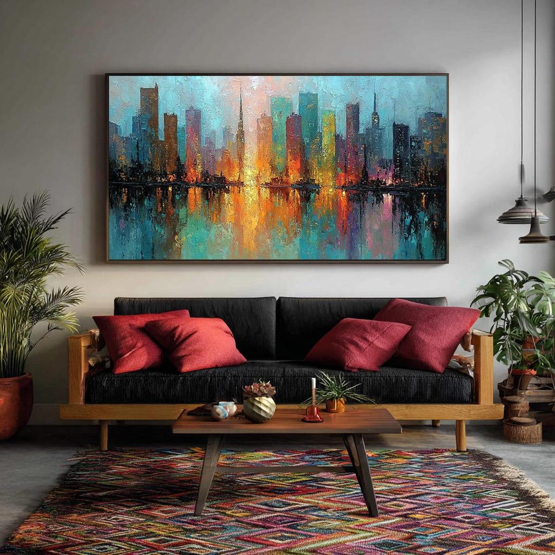 Colorful Abstract Cityscape Textured Painting, Large Wall Art, Modern ... - Textured Ceramic Wall Art For Modern City Living