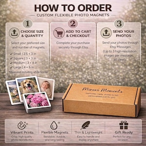 May include: An instructional graphic for custom flexible photo magnets featuring three steps: choose size and quantity, add to cart, and send photos. Includes a brown cardboard box labelled Miravi Moments and a stack of square and rectangular photo magnets.