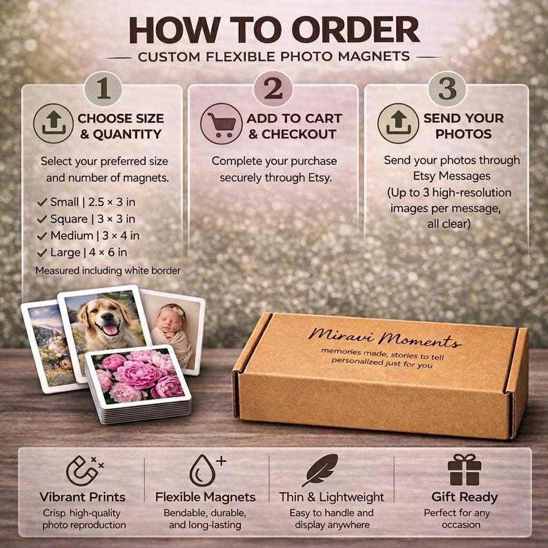 May include: An instructional graphic for custom flexible photo magnets featuring three steps: choose size and quantity, add to cart, and send photos. Includes a brown cardboard box labelled Miravi Moments and a stack of square and rectangular photo magnets.