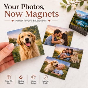 May include: A collection of rectangular photo magnets featuring various printed images including a golden retriever, a couple, a family with a dog, and a baby with a puppy. The text reads Your Photos, Now Magnets, Great Gift Idea, Flexible Magnet, Vibrant Colours, Premium Quality.