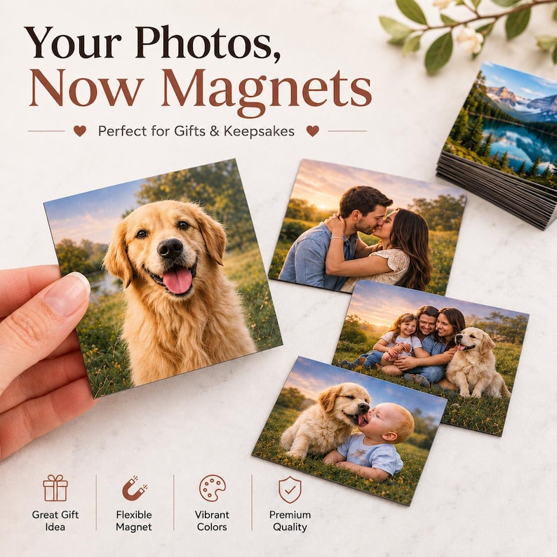 May include: A collection of rectangular photo magnets featuring various printed images including a golden retriever, a couple, a family with a dog, and a baby with a puppy. The text reads Your Photos, Now Magnets, Great Gift Idea, Flexible Magnet, Vibrant Colours, Premium Quality.