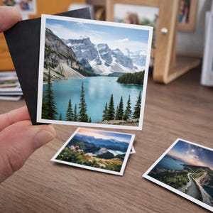 May include: A square magnetic photo print featuring a landscape of a turquoise glacial lake surrounded by snow-capped mountains and evergreen trees. The print has a white border and a black magnetic backing, held up against a blurred background.