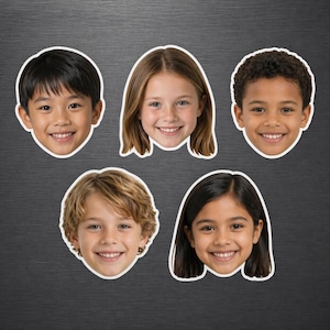 May include: A set of five custom magnets featuring the smiling faces of children with diverse hair textures and skin tones. Each portrait is die-cut with a white border, showcasing clear facial expressions and bright, friendly smiles for display.