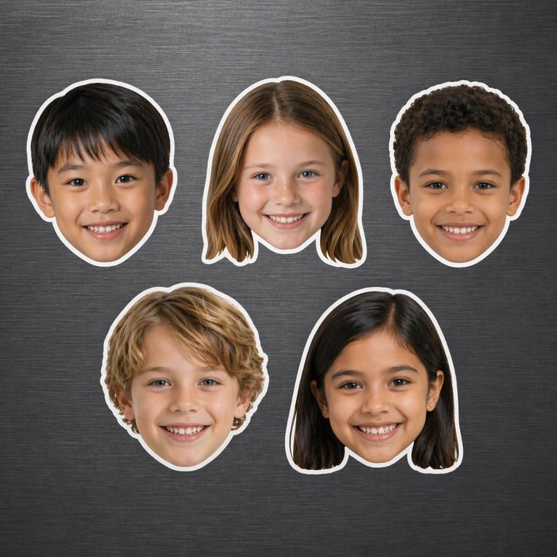May include: A set of five custom magnets featuring the smiling faces of children with diverse hair textures and skin tones. Each portrait is die-cut with a white border, showcasing clear facial expressions and bright, friendly smiles for display.